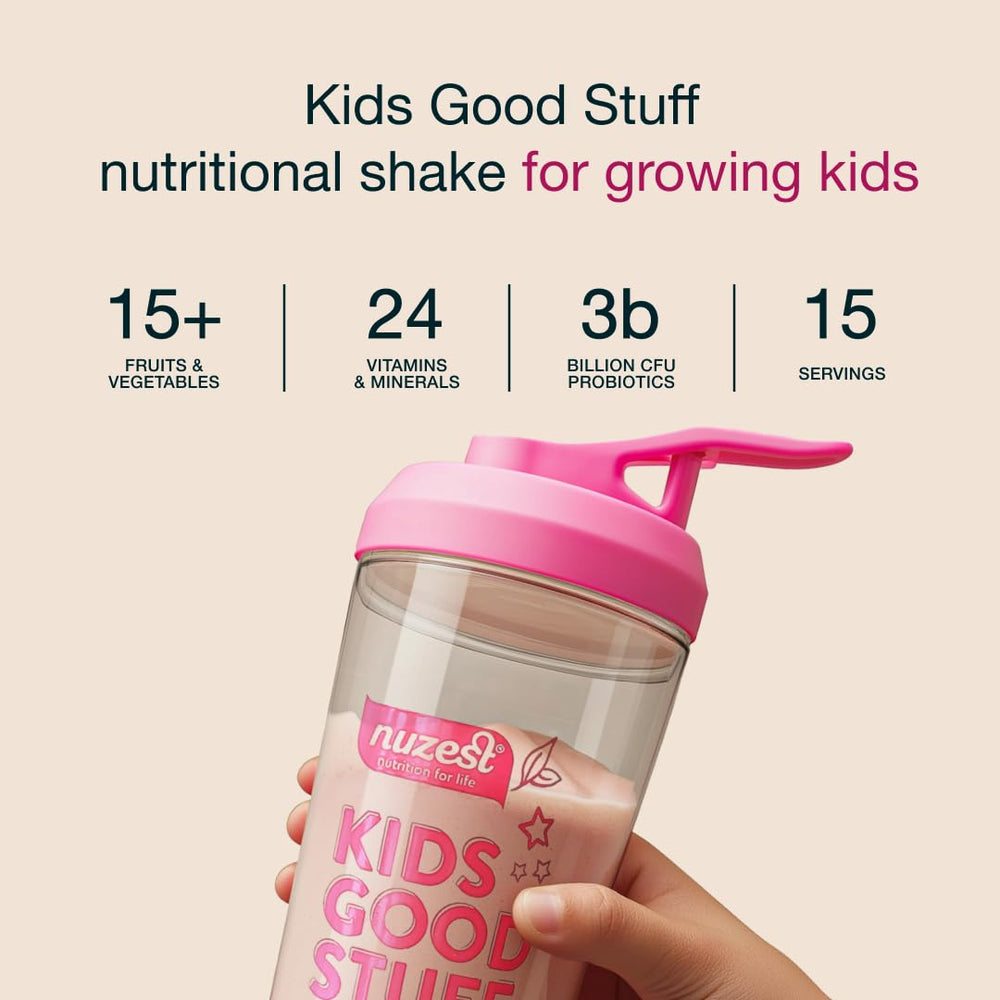 Nuzest Kids Good Stuff fresh ingredients scene with greens and fruits