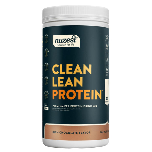 Nuzest pea protein powder canister for a plant-based protein boost.