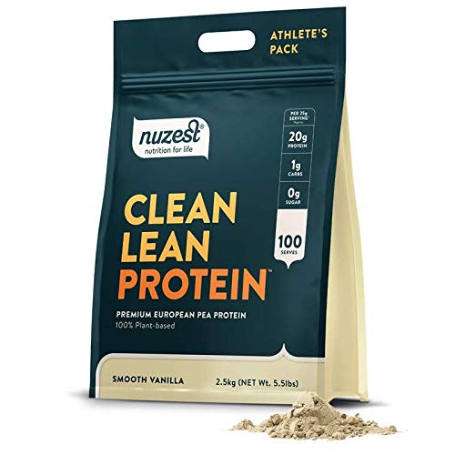 Nuzest pea protein powder front label highlighting vegan protein and clean ingredients