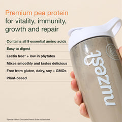 Shaker bottle photo suggests convenient post-workout shake with smooth vanilla flavor.