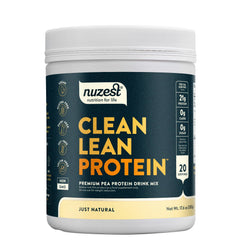 Nuzest pea protein powder unflavored jar showcasing allergen-free ingredients.