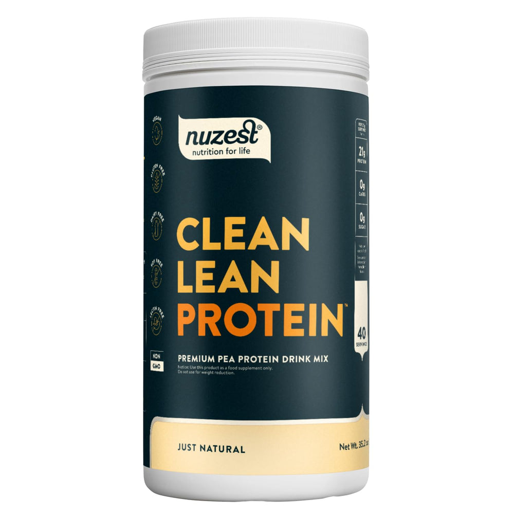 Nuzest pea protein powder tub front view for a clean plant-based option for daily nutrition