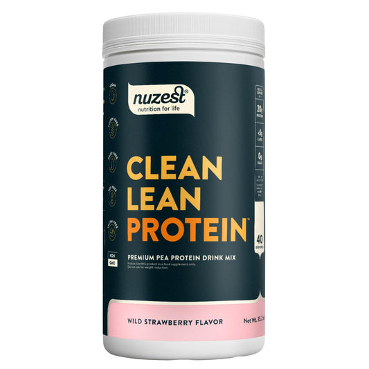 Nuzest pea protein powder bottle with wild strawberry flavor for clean nutrition.