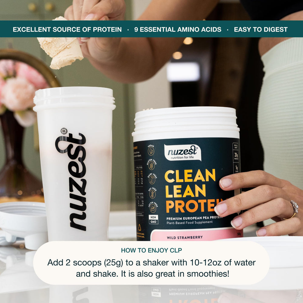 Nuzest pea protein powder Wild Strawberry label close-up focusing on gluten-free claim.