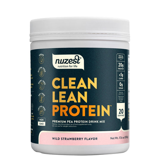 Nuzest pea protein powder Wild Strawberry tub front view showcasing premium vegan protein for daily vitality.
