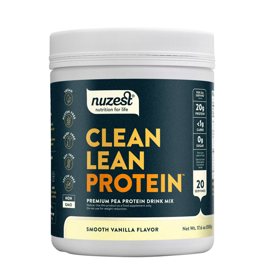 Nuzest pea protein powder vanilla bottle, dairy-free plant-based nutrition for workouts.