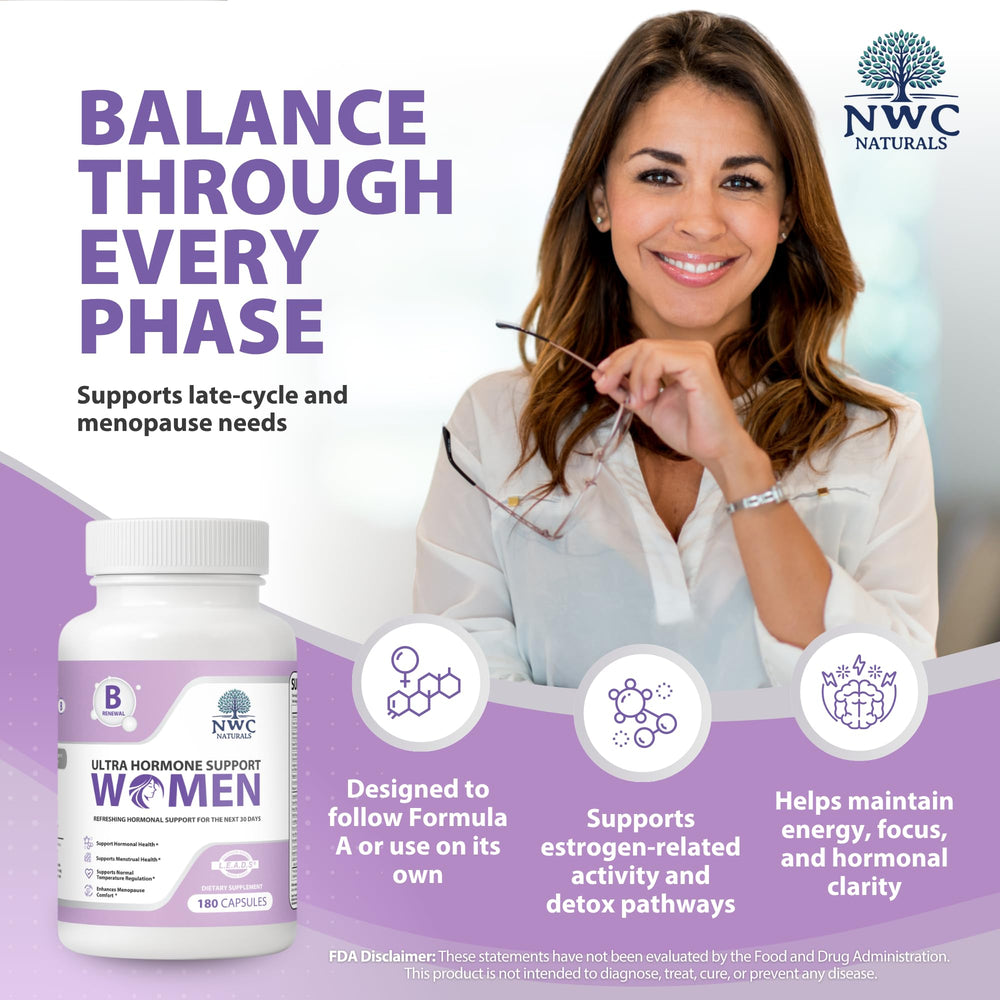 NWC Naturals Ultra-Hormone Support capsules showcasing plant-based ingredients.