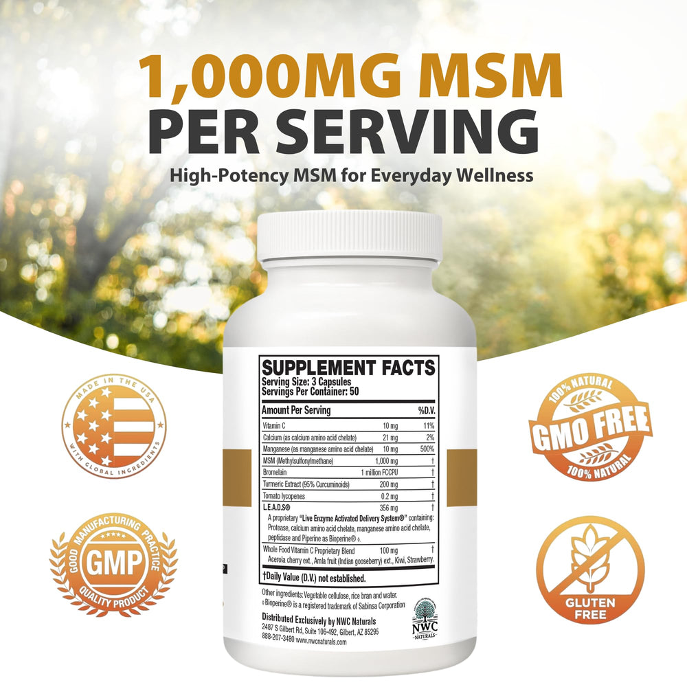 NWC Naturals MSM Gold capsules close-up for easy swallowing and daily mobility support.
