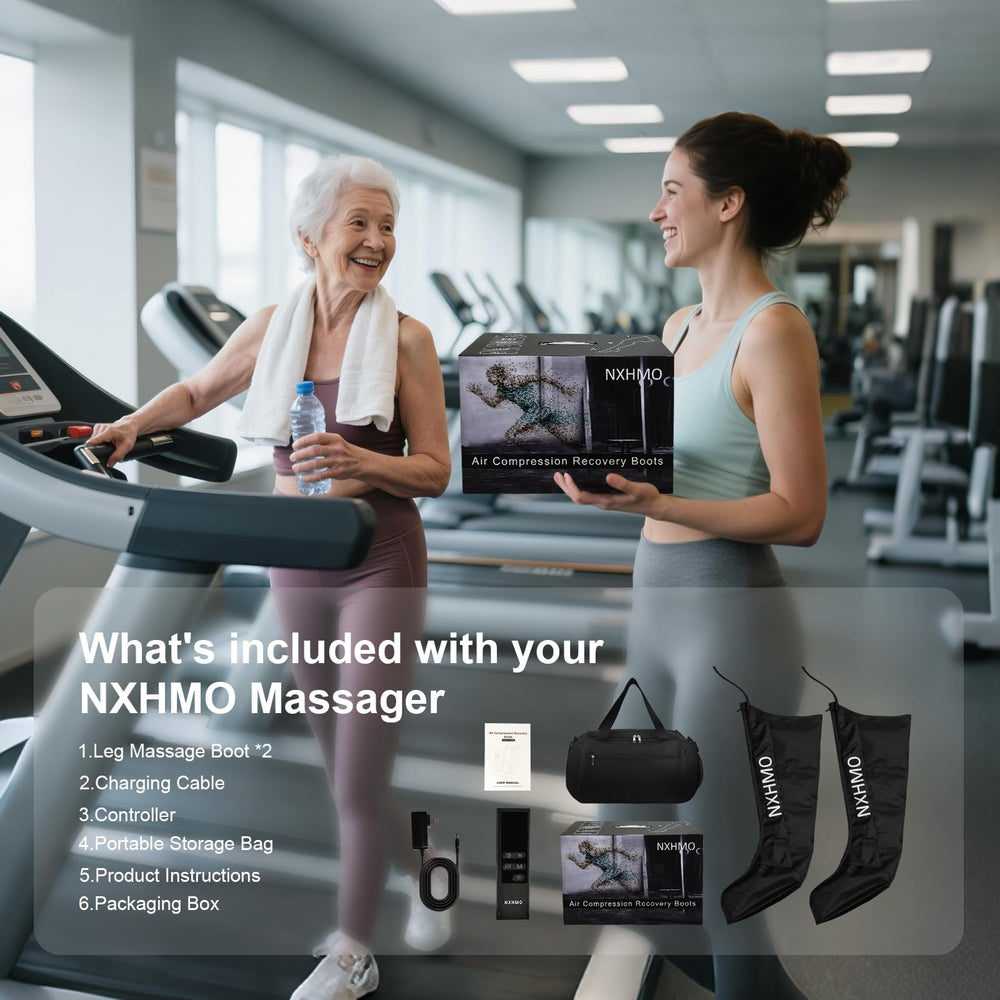 NXHMO leg massager packaging box with product features.
