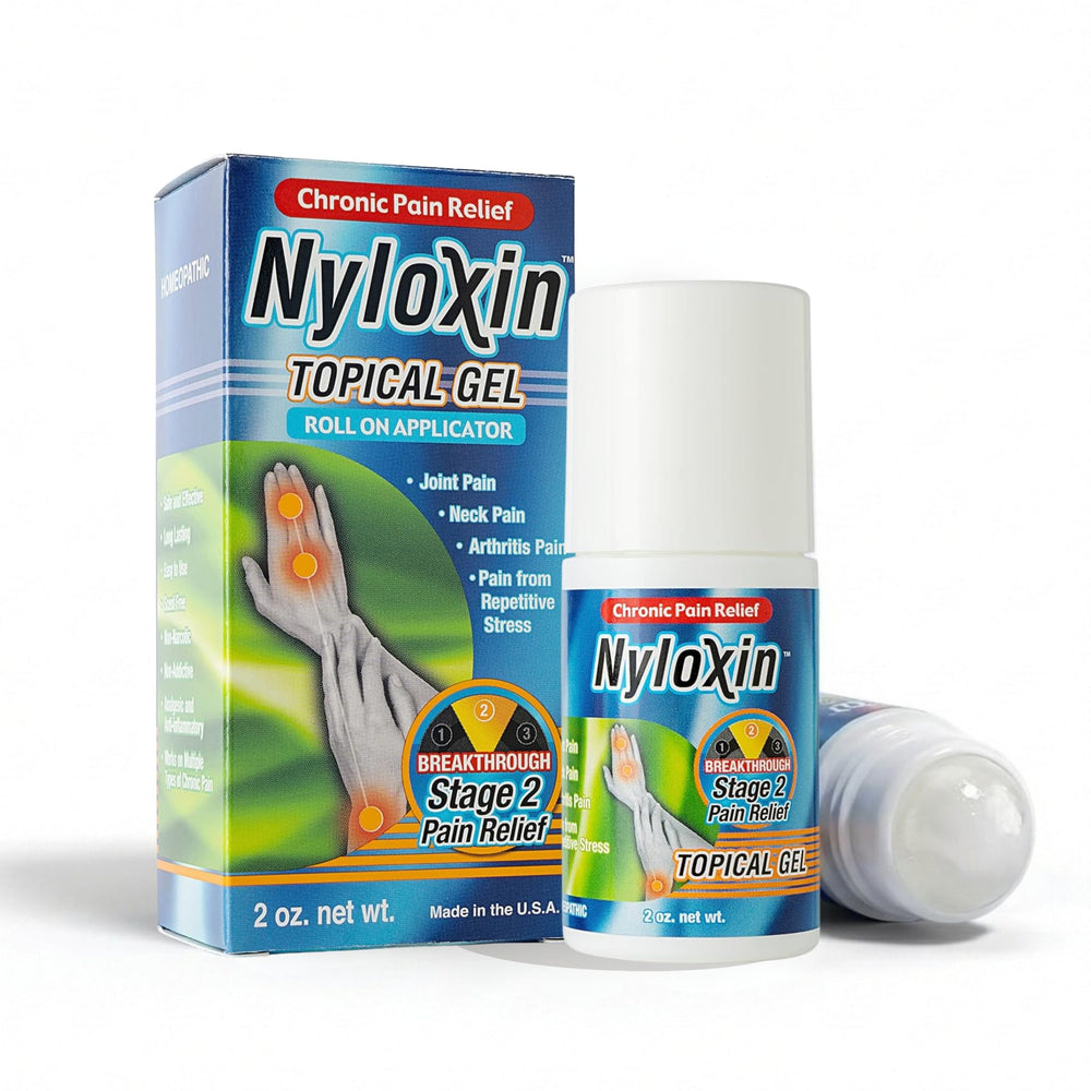 Nyloxin Extra Strength Roll-On bottle close-up for convenient topical relief.
