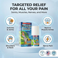 Nyloxin Roll-On on shoulder for targeted pain relief.