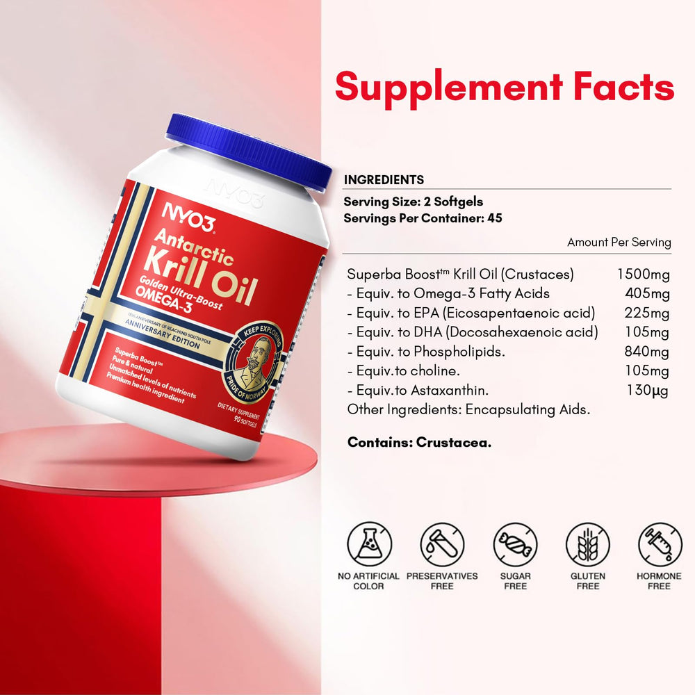 NYO3 Krill Oil softgel capsules close-up for daily use.