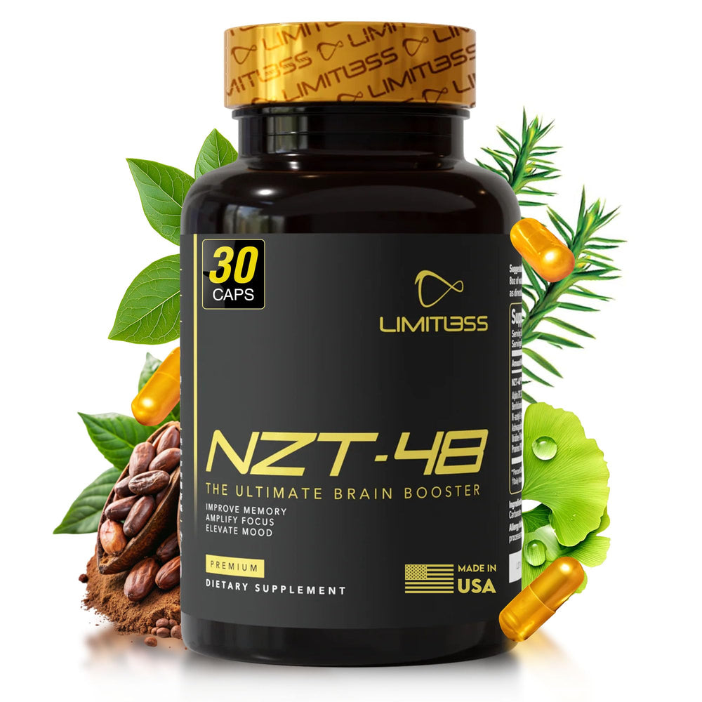 NZT-48 Brain Booster bottle front showing premium nootropic support for sharper focus.