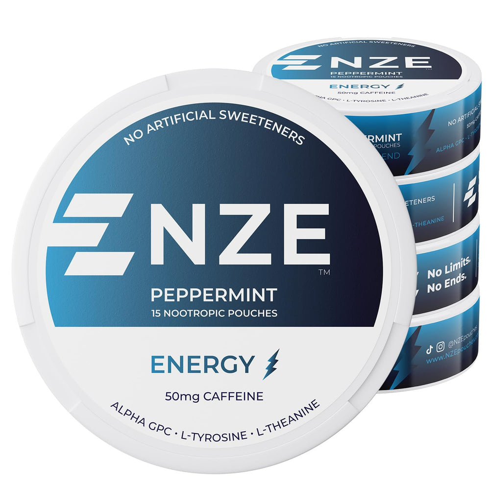 NZE Caffeine Nootropic Pouches Peppermint can for convenient energy on the go