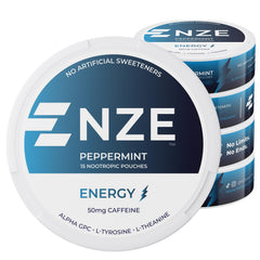 NZE Caffeine Nootropic Pouches Peppermint can for convenient energy on the go