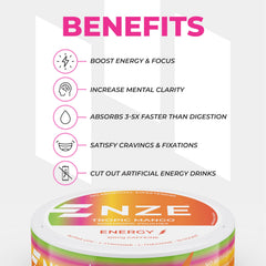 NZE Caffeine Nootropic Pouches Tropic Mango label detail emphasizes ingredients