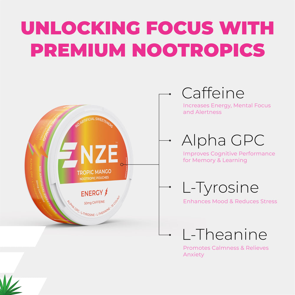 NZE Caffeine Nootropic Pouches Tropic Mango packaging inside view shows contents