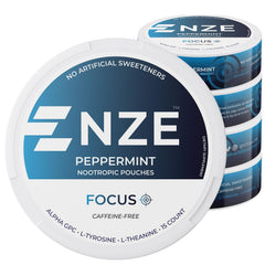 NZE Focus peppermint bottle displaying caffeine-free pouches for focused moments