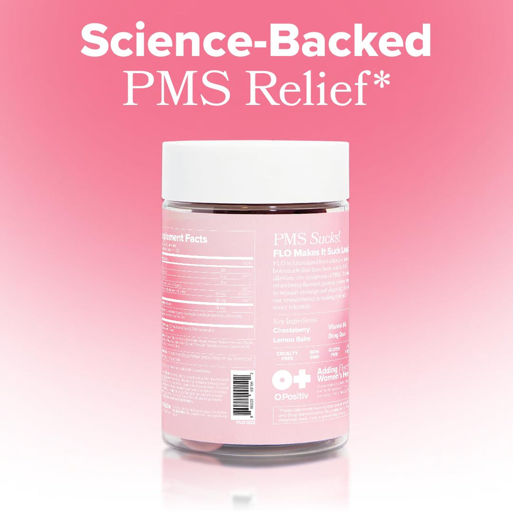 O Positiv FLO PMS Gummies on desk with ingredients visible