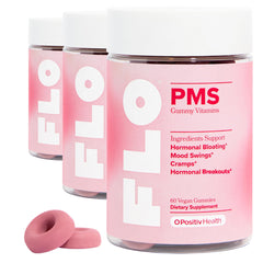 O Positiv FLO PMS Gummies 3-pack front label highlighting vegan formula