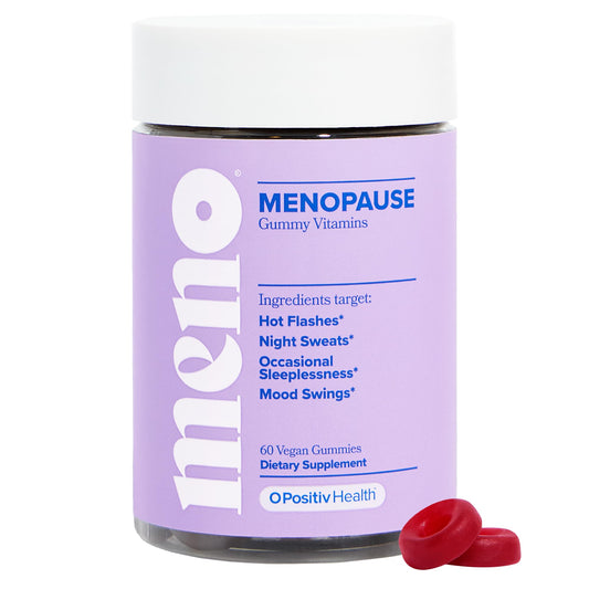 O Positiv MENO Gummies bottle on shelf for hormone-free menopause support.