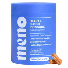 O Positiv MENO Heart bottle displays daily capsules for cardiovascular support