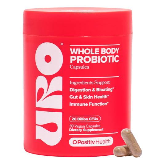 O Positiv URO bottle pour shows time-release capsules designed to support vaginal and gut balance.