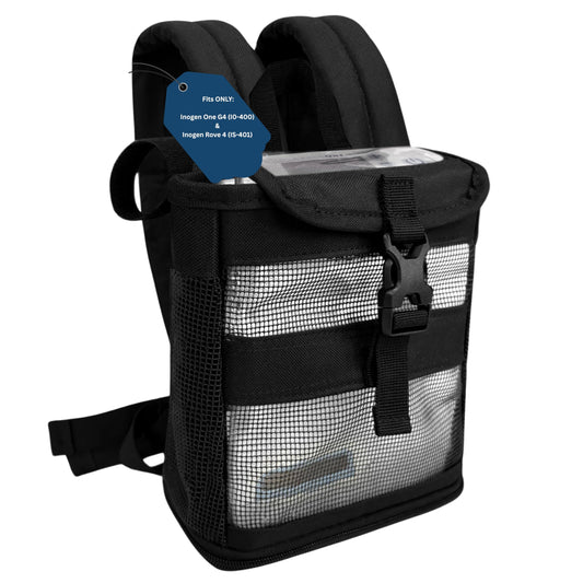 O2TOTES backpack for Inogen G4 front view, compact and lightweight for daily mobility.