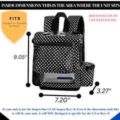 O2TOTES polka-dot charging in backpack; charge without removing the unit.