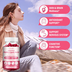 Oakevlp liposomal alpha lipoic acid gummies ingredients chart highlighting Biotin and Benfotiamine.