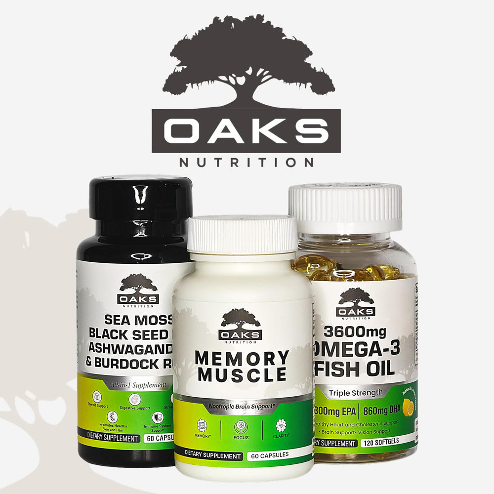 Oaks Nutrition Omega-3 dosage illustration showing two softgels per serving