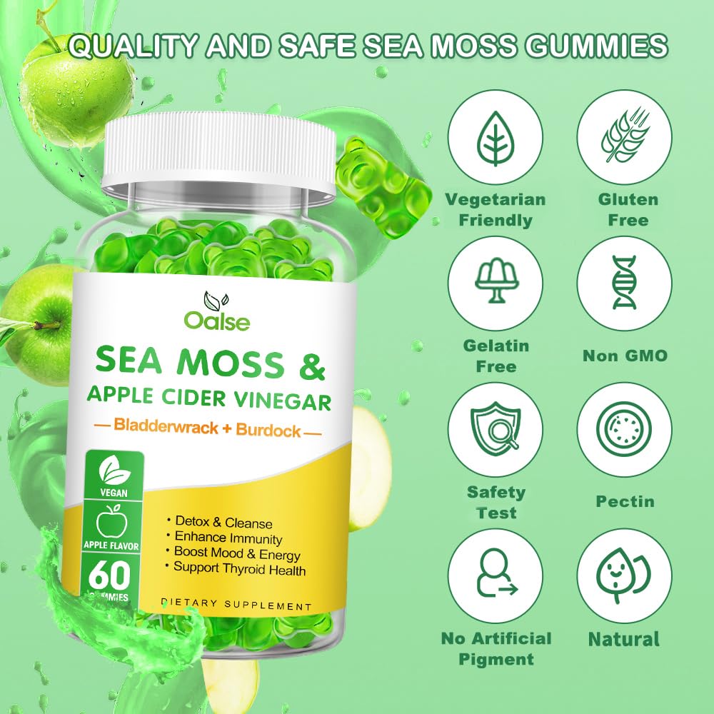 OALSE Sea Moss Gummies natural ingredients layout featuring sea moss and bladderwrack