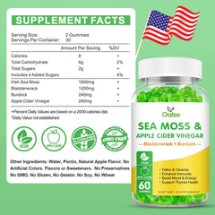 OALSE Sea Moss Gummies natural ingredients layout featuring sea moss and bladderwrack