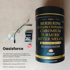 Oasis-Force Berberine Gummies GMP badge and third-party testing seals