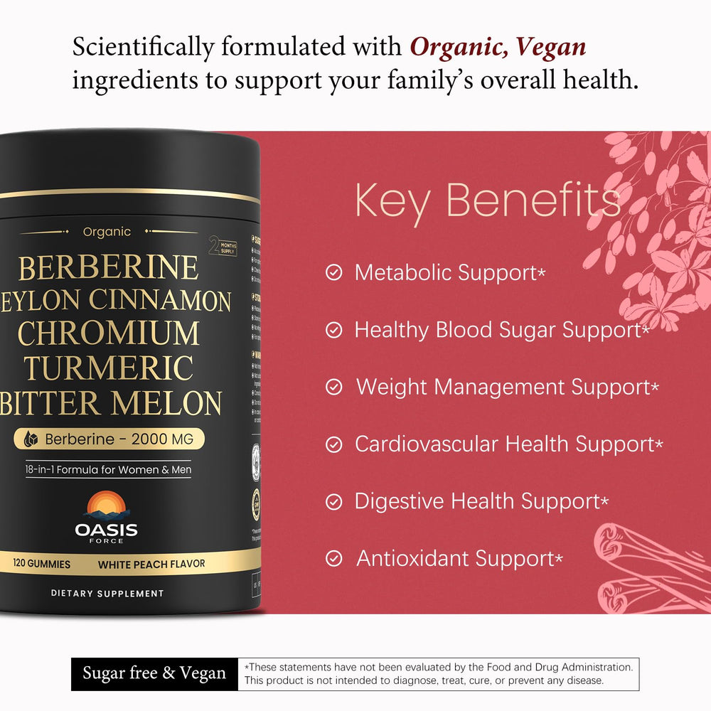 Oasis-Force Berberine Gummies label close-up with ingredients and vegan formula shown