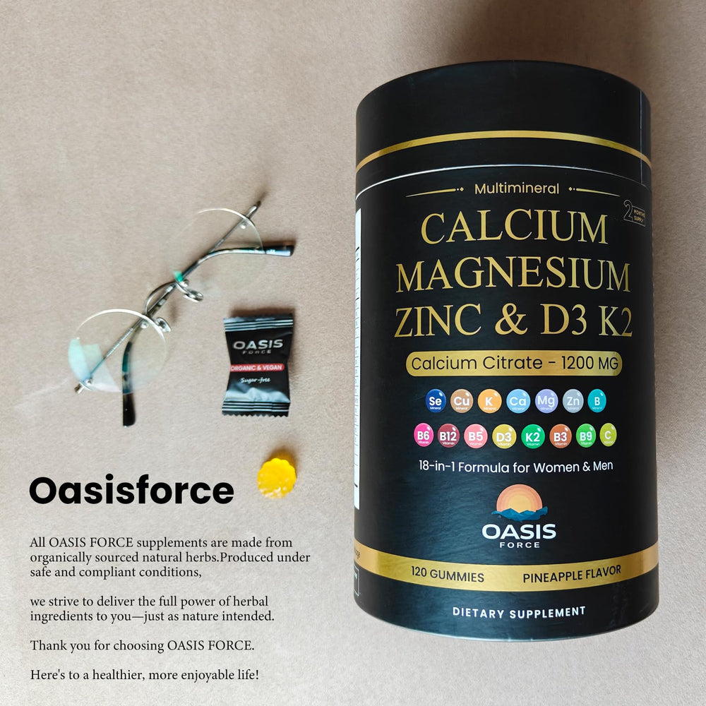 OASIS FORCE tub of gummies suggesting a 60-day supply for daily use.