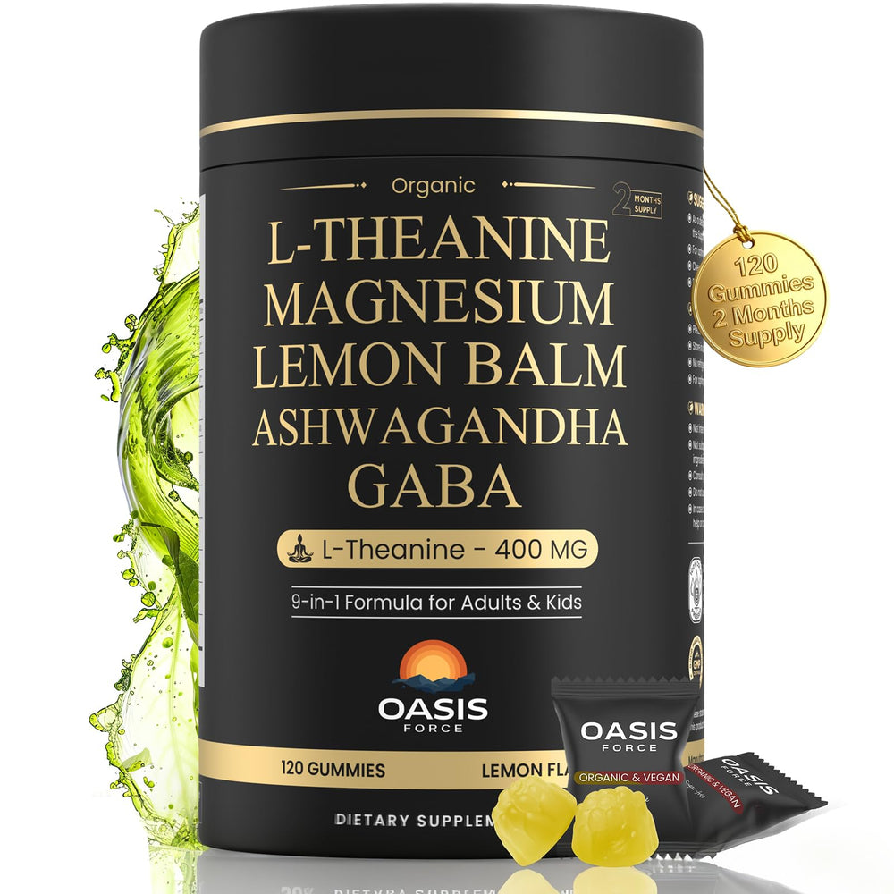 OASIS FORCE L-Theanine Gummies bottle showing 400mg per serving for calm focus