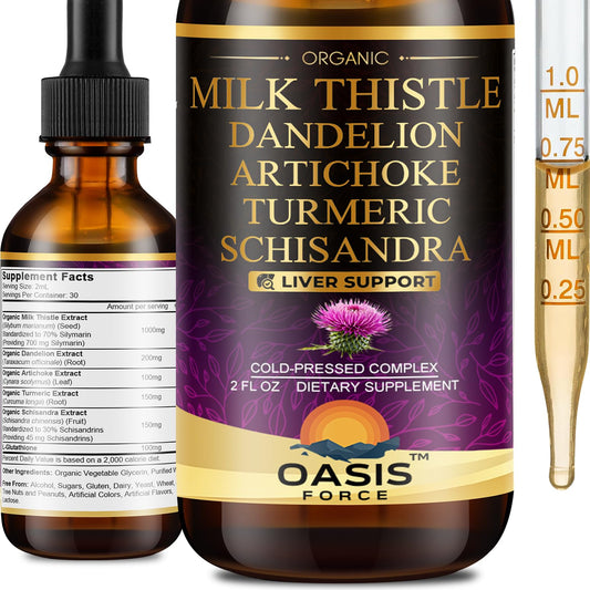Oasis Force Milk Thistle Liquid bottle front view highlighting organic liver support