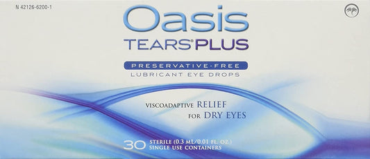 Oasis TEARS PLUS bottle pour shows preservative-free formula for dry eye comfort.