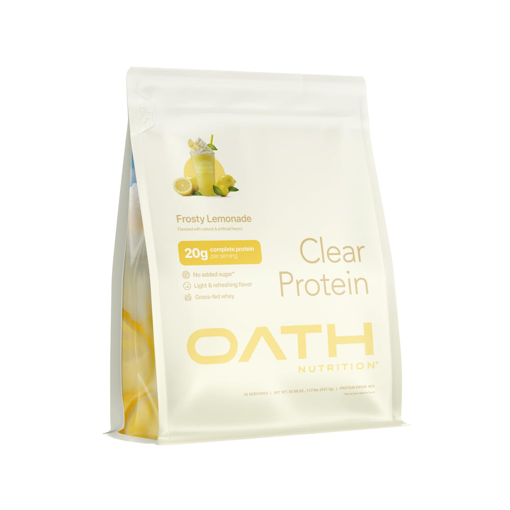Oath Clear Whey Frosty Lemonade bottle for refreshing post-workout hydration.