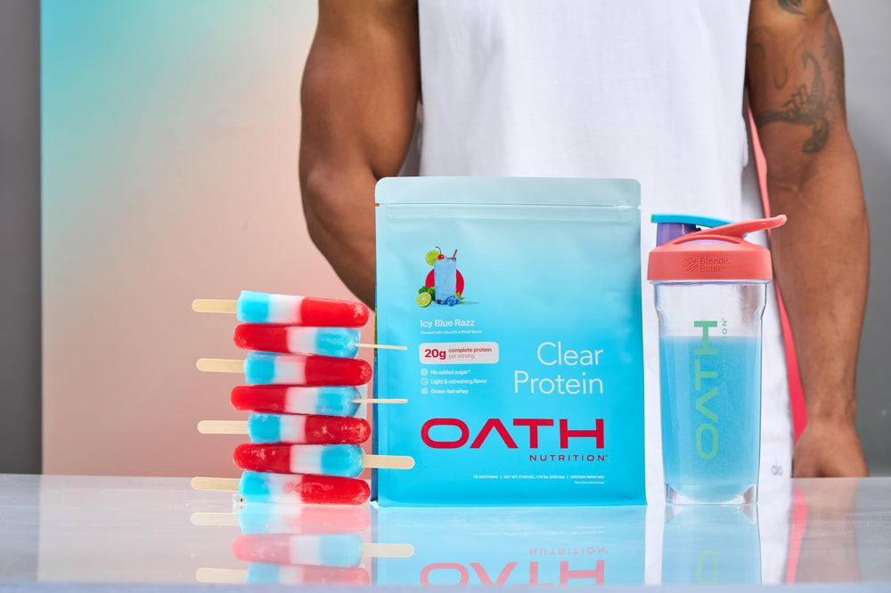 Oath Nutrition Clear Whey beach scene illustrates refreshing recovery between sets.