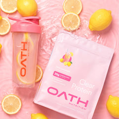 Gym counter setup with Oath Clear Whey ready to mix.