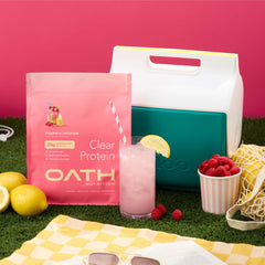 Oath Nutrition Clear Whey Raspberry Lemonade label, grass-fed dairy emphasis
