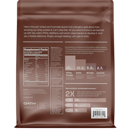 Oath Nutrition whey protein chocolate brownie powder being poured from a bottle.