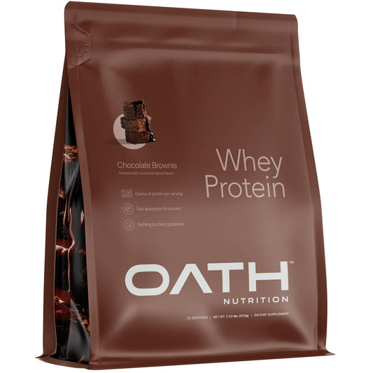 Oath Nutrition whey protein chocolate brownie powder—25 g protein per serving.