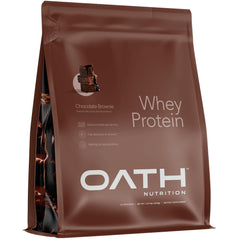 Oath Nutrition whey protein chocolate brownie powder—25 g protein per serving.