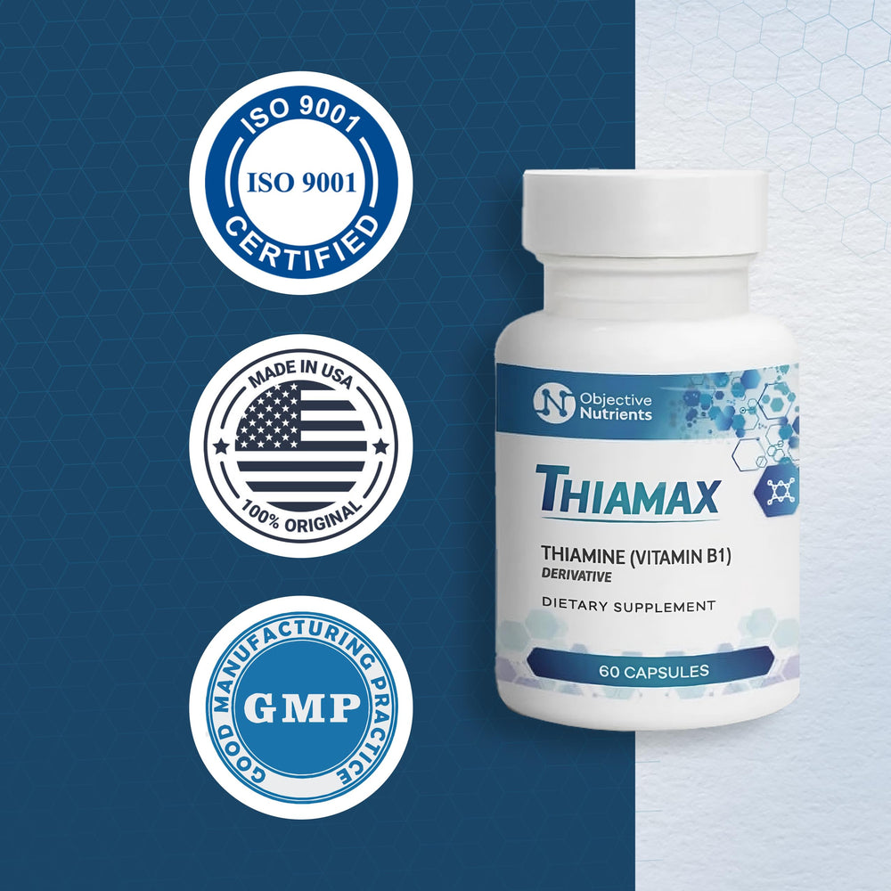 Objective Nutrients Thiamax third-party testing badge communicates transparency and product integrity.