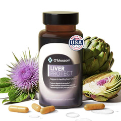 O'blossom Liver Protect bottle front highlights quick relief potential.