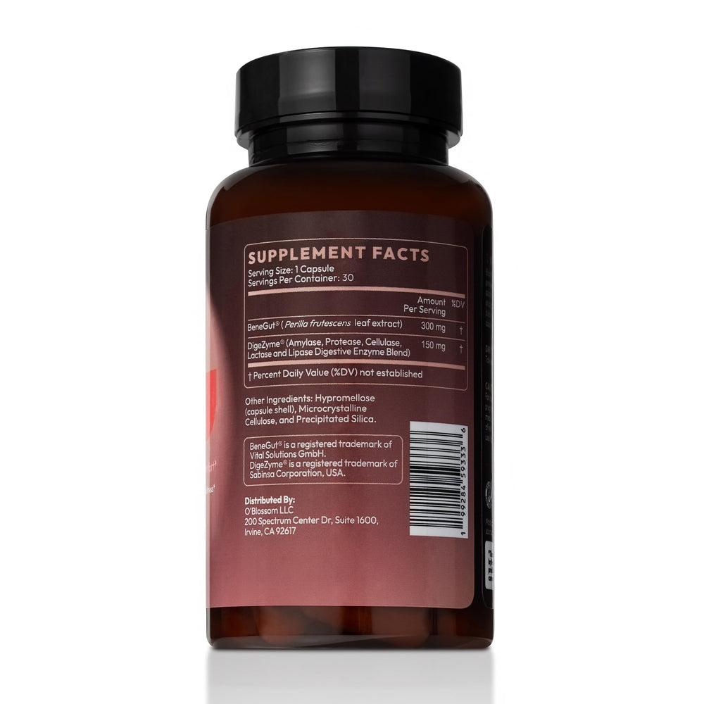 O'blossom Bloating Banish capsules close-up highlighting the patented Benegut formula