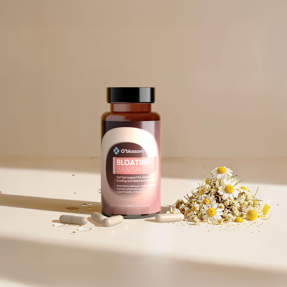 O'blossom Bloating Banish packaging with label visible